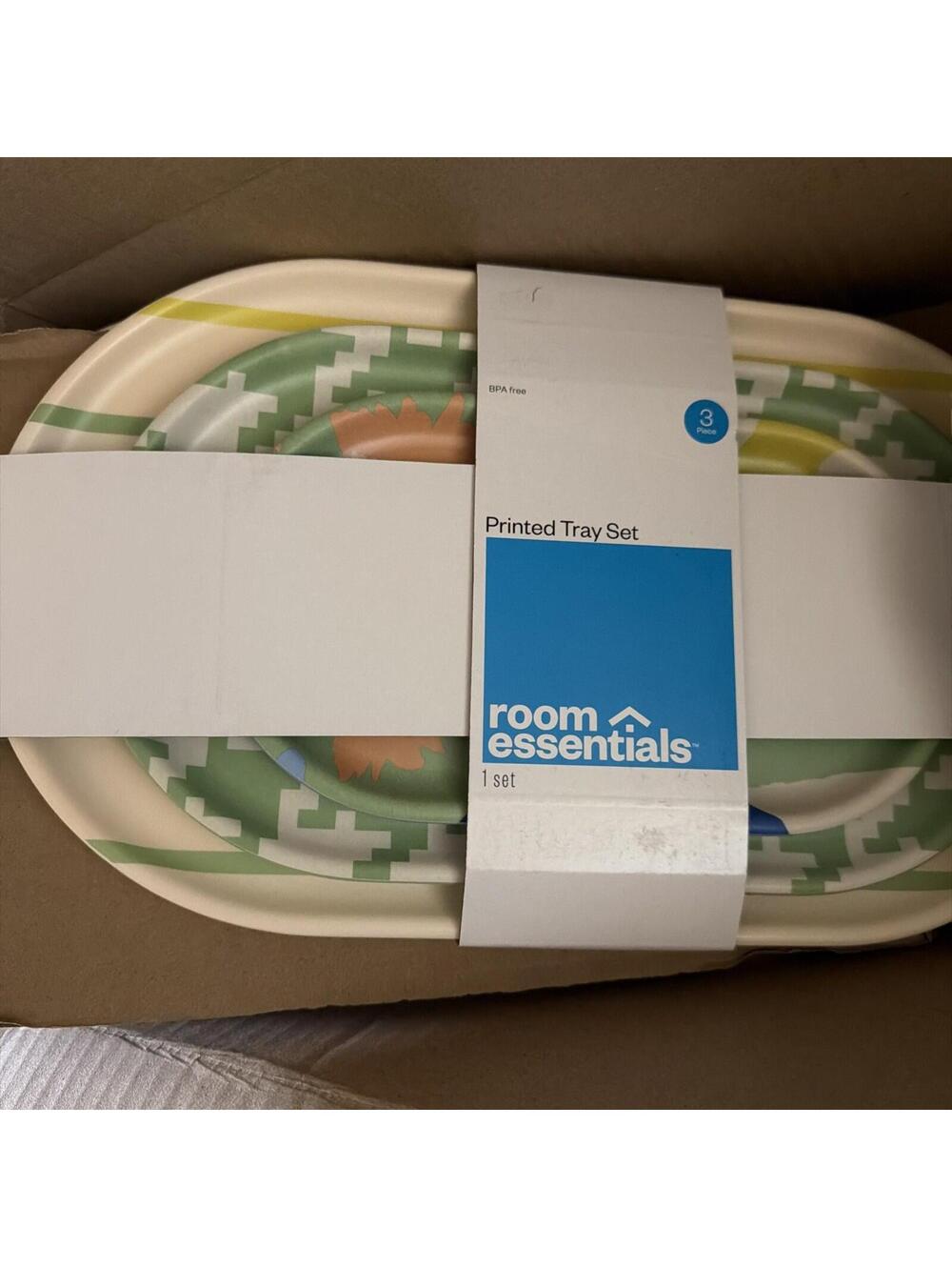 Room Essentials 3 Piece Printed Tray Set Melamine Bamboo Colorful 2 Sets